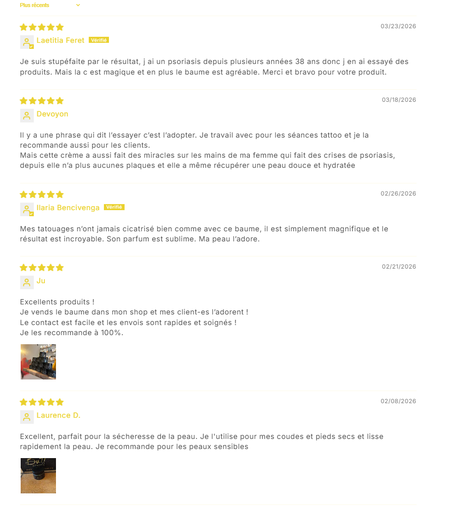 Avis clients positifs sur le Baume Réparateur Naturel Butt Premium 250ml pour tatouage et peaux sensibles