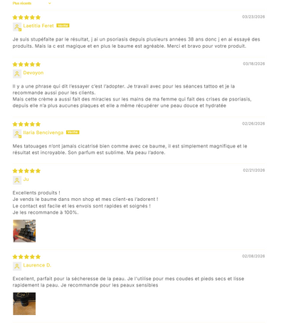 Avis clients positifs sur le Baume Réparateur Naturel Butt Premium 250ml pour tatouage et peaux sensibles
