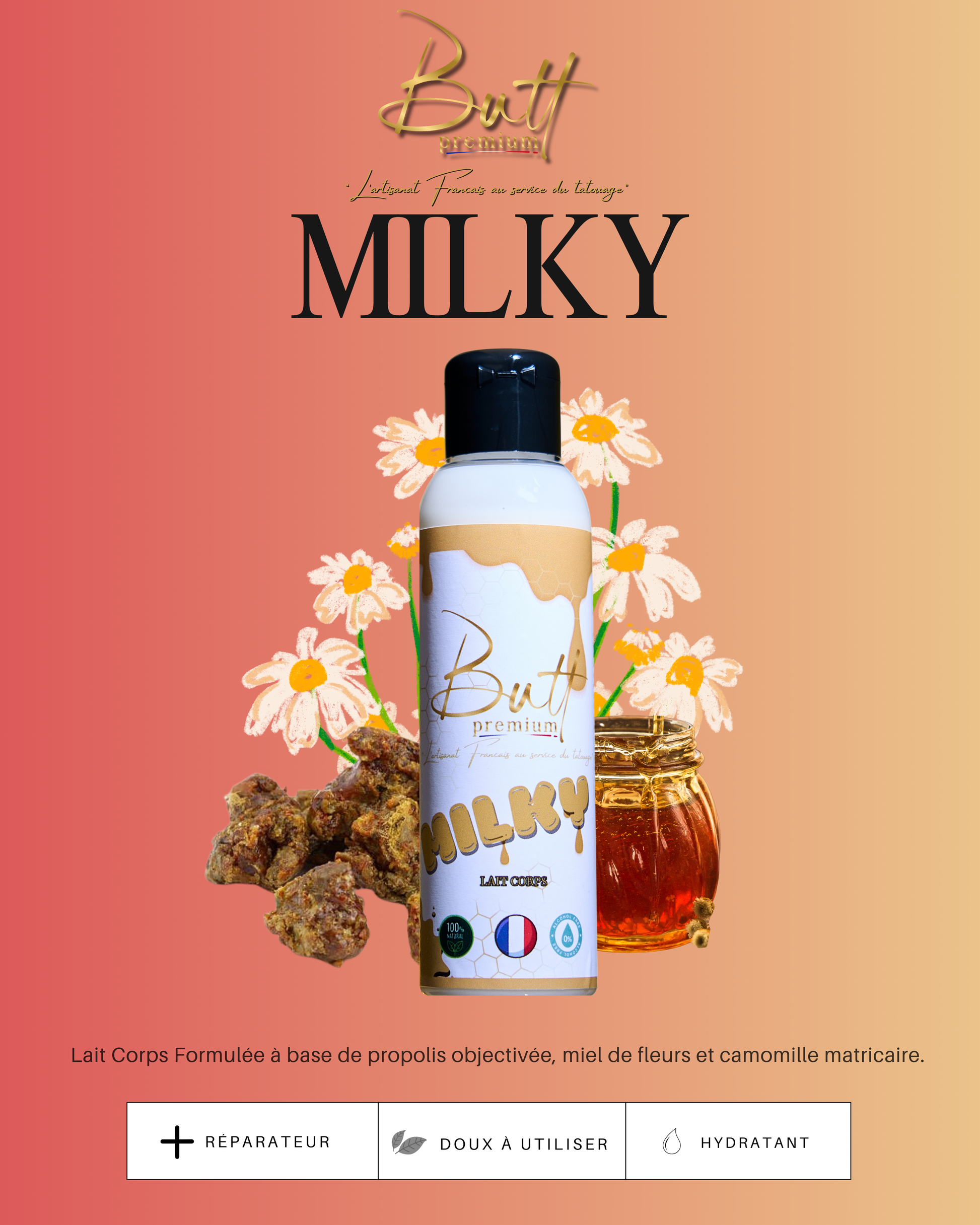 Crème MILKY Butt Premium - apaise rougeurs et irritations, idéale pour tatouages et peaux sensibles