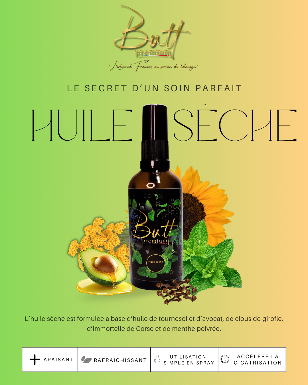 Huile sèche corps Butt Premium - immortelle de Corse, menthe poivrée, clou de girofle